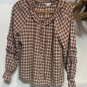 Blu Pepper Brown Checkered Ruffle Blouse